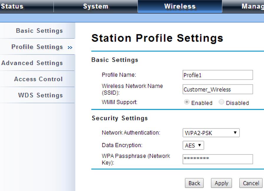 4 Click on Show characters to see the required security settings for the wireless