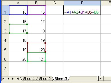 1. Writing your own formula (13) Example Fine the sum of cell A1, A3, B1, B5, and B6. Display the result at cell D1. Input formula on Formula Bar OR Input formula on cell directly 1.