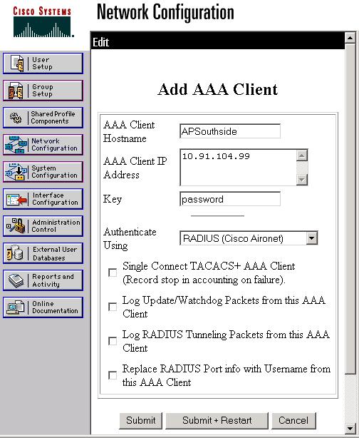 Configuring WDS, Fast Secure Roaming, Radio Management, and Wireless Intrusion Detection Services Configuring WDS Figure 12-10 Add AAA Client Page Step 3 Step 4 Step 5 Step 6 Step 7 Step 8 In the AAA