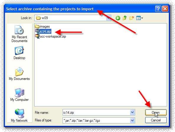 from an archive file. Use the file system option if you want to copy a project that is contained in another Eclipse workspace. You want to open the project contained inside the ic14.