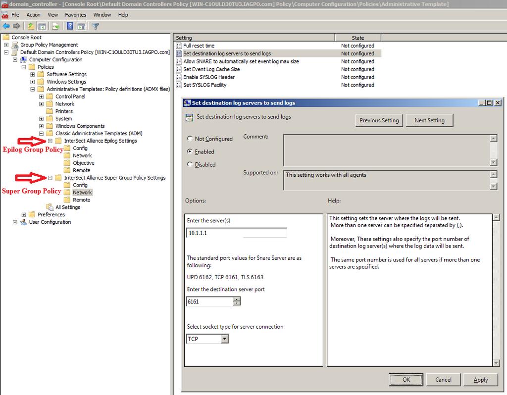 Figure 1: Update Snare Agents Network Settings through Agent Group Policy