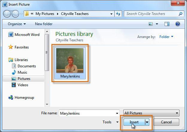 You can also click the drop-down arrow next to the image in the Clip Art pane to view more options. Insert a Picture From a File: Place your insertion point where you want the image to appear.