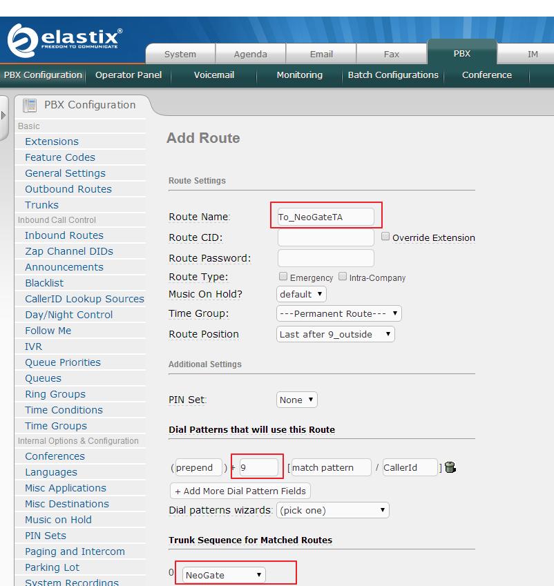 outbound route on Elastix. Path: PBX Outbound Routes Add Route Figure 18.