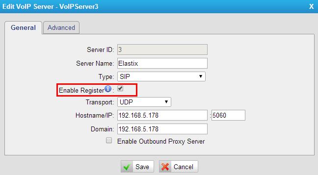 Figure 5. Configure the VoIP Server Template as VoIP Mode Server Name: Elastix Type: SIP Enable Register: checked Transport: UDP Hostname/IP: fill in the Elastix IP address, 192.168.5.178 Domain: fill in the Elastix IP address, 192.
