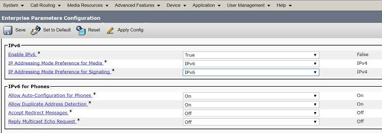In the Unified CM Administration interface, select Enterprise Parameters > IPv6 Configuration Modes to configure the following cluster-wide IPv6 settings for each Unified CM