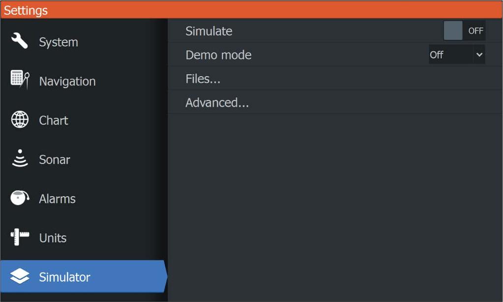 15 Simulator The simulation feature lets you see how the unit works in a stationary position and without being connected to other devices. You access the simulator from Settings tool.