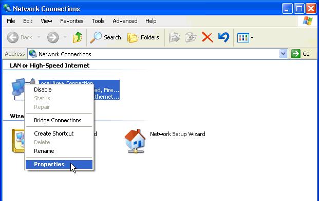 (2) On the "Network Connection" screen, right-click the "Local Area Connection" icon, and then