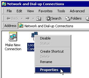 (2) On the "Network and Dial-up Connections" screen, right-click the "Local Area