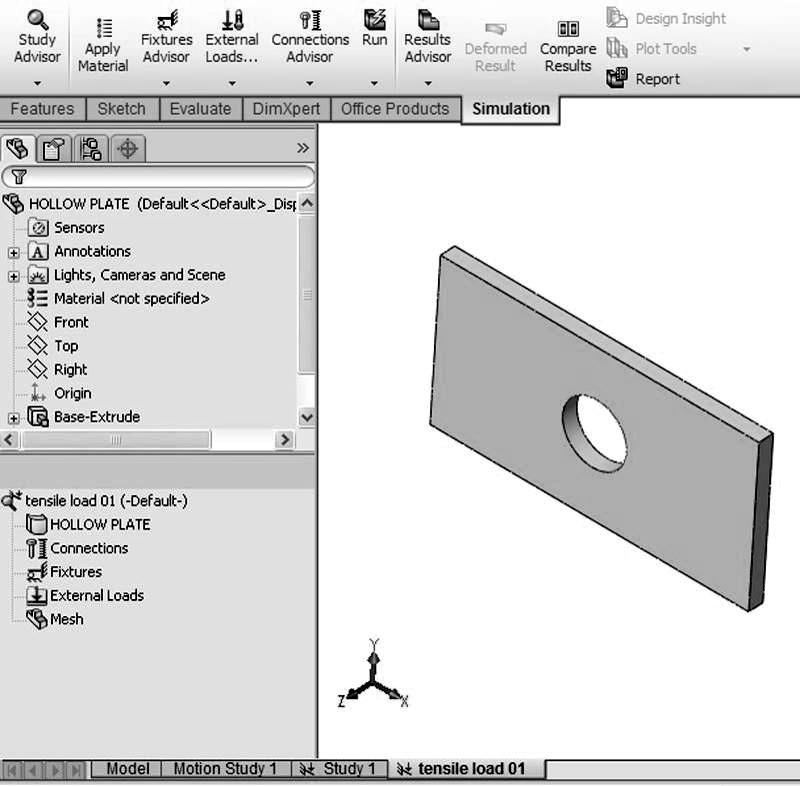 Simulation Study window Simulation study tab Figure 2-6: Simulation window and Simulation tab You can switch between SolidWorks Model, Motion Studies and Simulation Studies by selecting the