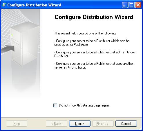 6. The Configure Distribution Wizzard is started: 7. Click on Next 8. The window Configure Distribution Wizard and Distributor appears: 9.