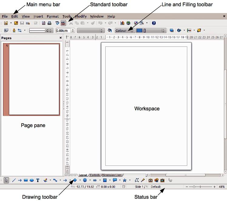 Figure 1: LibreOffice Draw workspace Figure 2: Rulers showing size of a selected object The page margins in the drawing area are