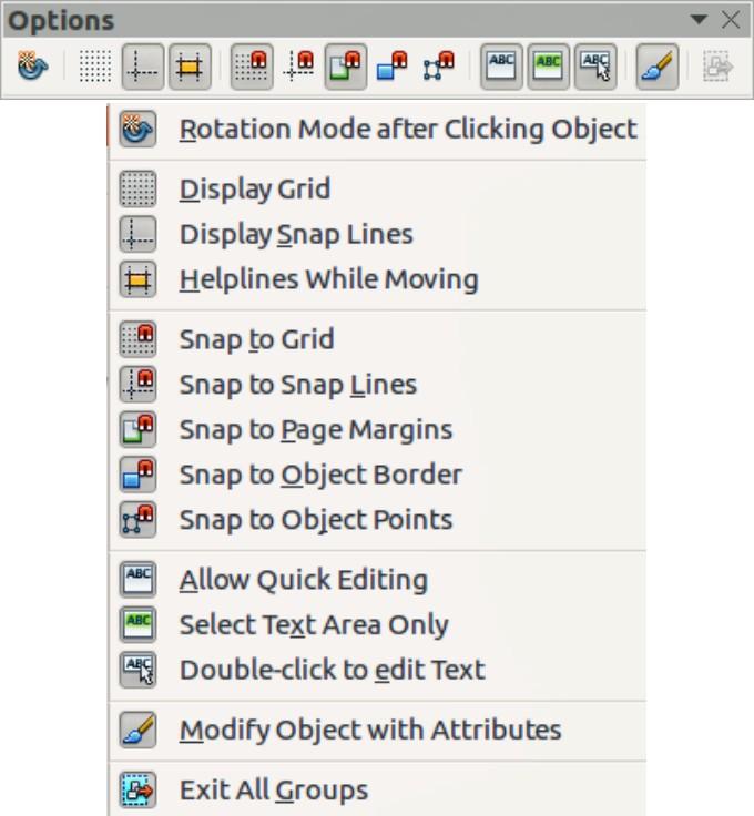 Figure 10: Options toolbar Floating and moving toolbars Available toolsets Many icons have a small triangle pointing downward to the right side of the icon.