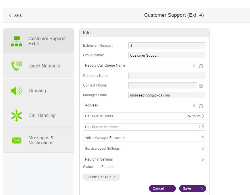 Configure Call Queues. After you create a call queue, you can configure the Call Queue Info, Direct Numbers, Greeting, Call Handling, and Messages & Notifications. Call Queue Info.. From the Admin Portal, select the Phone System tab.