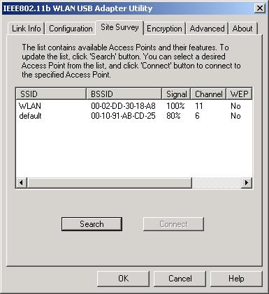 3. Select the Site Survey tab. The list on the adjacent screen shows you available Access Points and their features.