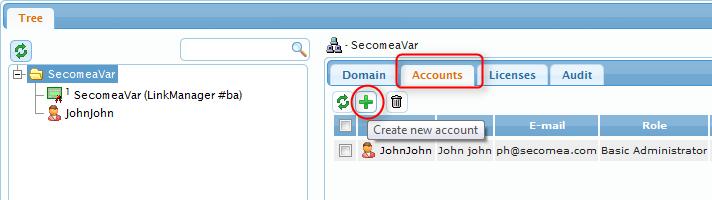 GateManager BASIC Admin (LinkManager Account Administrator) 3.2. Create LinkManager user 21. When logged in select the Accounts tab, and select the + icon to create a new account 22.