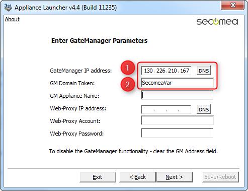 SiteManager Installer 9. Click Next to get to the GateManager Parameters page.