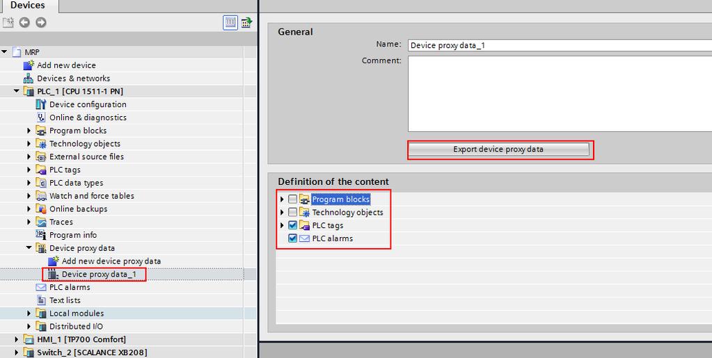 3. Select the desired content for the export and export it via the "Export device proxy data" button. 4. Save the file on the drive. 5. Close the Export procedure with "OK".