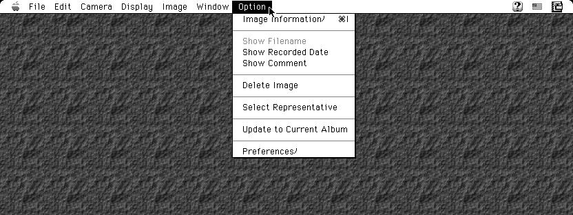 About the menus Option menu Image Information Show Filename Show Recorded Date Show Comment Delete Image Select Representative Update to Current Album Preferences Displays the image information