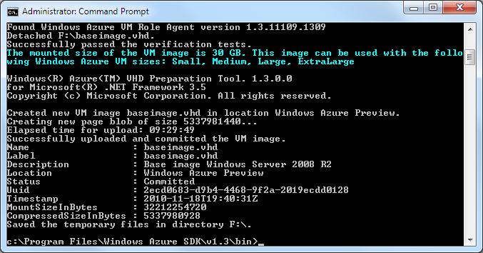 Figure 39 VM image successfully uploaded to Windows Azure 9.