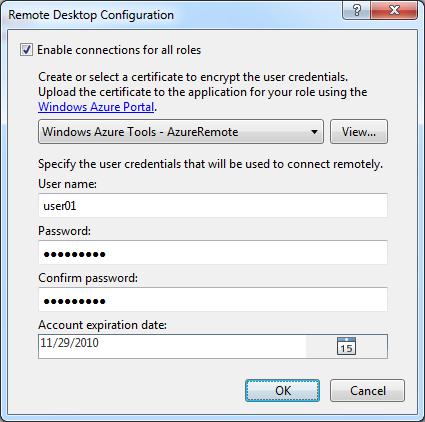 14. Now, back in the Remote Desktop Configuration dialog, choose the newly created certificate from the drop down list, enter the name of the user that you will use to connect remotely to your role