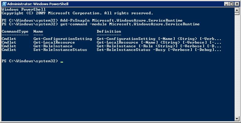 Figure 70 Viewing available commands in the service runtime Powershell snap-in Note: You may view additional information for any of these commands by executing: Get-Help <command-name> where
