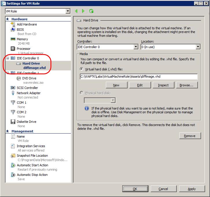 Figure 77 Replacing the VHD disk file in the virtual machine with the differencing disk 10. Start the guest operating system.