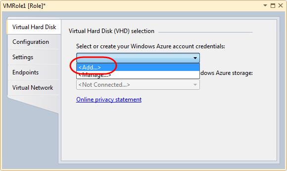 c. Add a Virtual Machine Role to the Windows Azure project. To do this, right-click the Roles folder inside the project, point to Add, and then select New Virtual Machine Role. d. In Solution Explorer, double-click the VM Role to open its properties window.