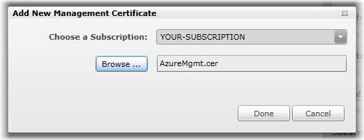Figure 92 Adding a new management certificate to your subscription 11.