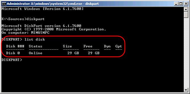 Launching the diskpart tool 9. Now, type list disk and press Enter to enumerate available disks there should be a single disk only.