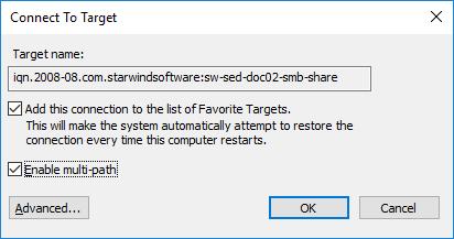 66. Select the target for the SMB-SHARE device discovered from the partner StarWind node and click Connect. 67.