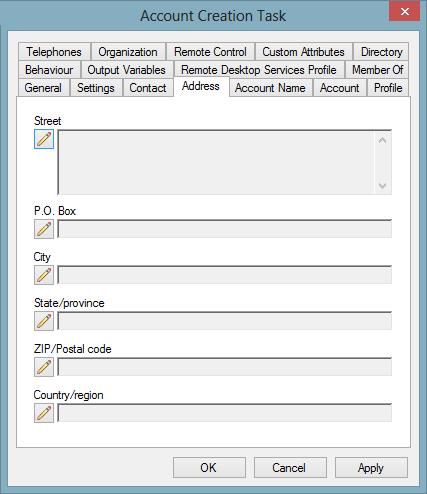 Address Tab The address tab allows for the configuration of address related settings. Street Configures the street for the user. P.O. Box Configures the PO Box address of the user.