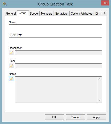 Group Tab The group tab allows the configuration of the general settings for an Active Directory group. Name Determines the name of the group to create or update.