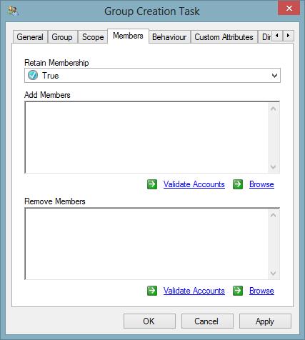 Members Tab The members tab allows the configuration of the users and groups that should be added or removed from the membership of this group.