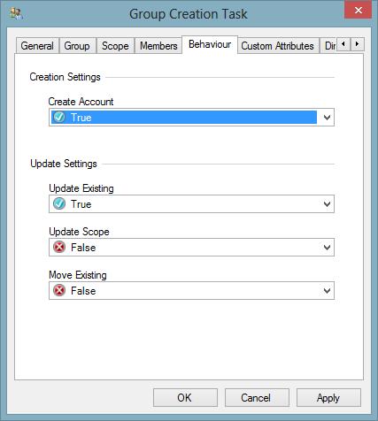 Behaviour Tab The behaviour tab allows for the configuration of the task's behaviour when creating or updated Active Directory groups.