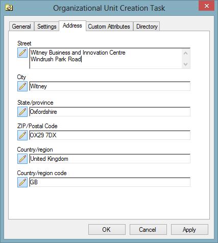 Address Tab The address tab allows the configuration of the address settings for an Active Directory organizational unit. Street The street address to assign to this organizational unit.