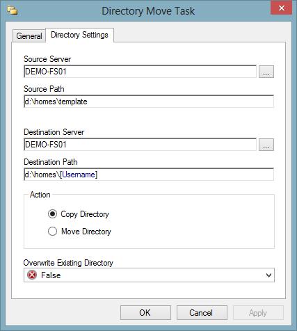 Directory Settings Tab The directory settings tab allows the configuration of the file servers and paths between which the directory should be copied or moved.