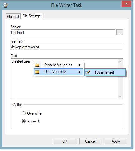 File Settings Tab The file settings tab allows the configuration of the file server, path and contents which should be written to a text file.