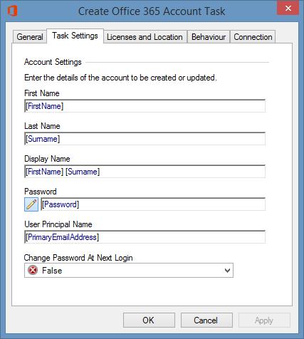 Task Settings Tab First Name The user's first name. Last Name The user's surname. Display Name The display name for the user. Password The user's password.