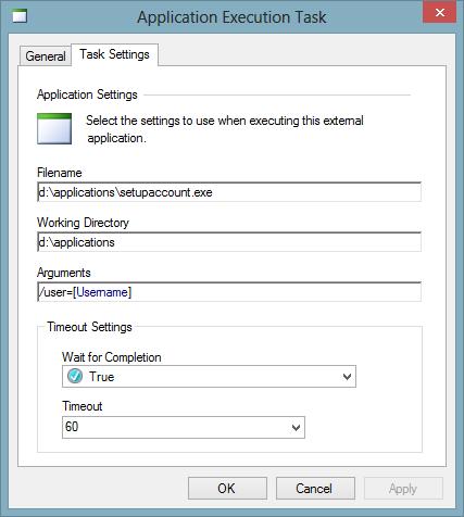 Task Settings Tab The task settings tab allows for the configuration of settings to use when executing the external application. Filename The absolute path to the executable file on the.