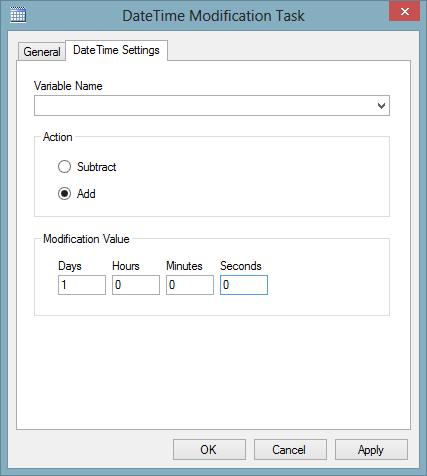 DateTime Settings Tab The DateTime settings tab allowed the selection of the variable to modify, the action and the amount by which the date time value should be modified.