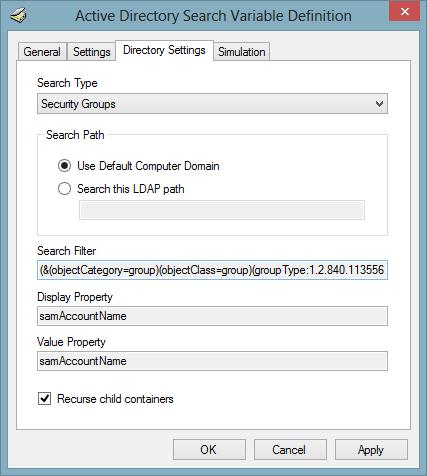 Directory Settings Tab The directory settings tab allows for the configuration of the settings to use to search Active Directory Search Type Determines the predefined search to perform against Active