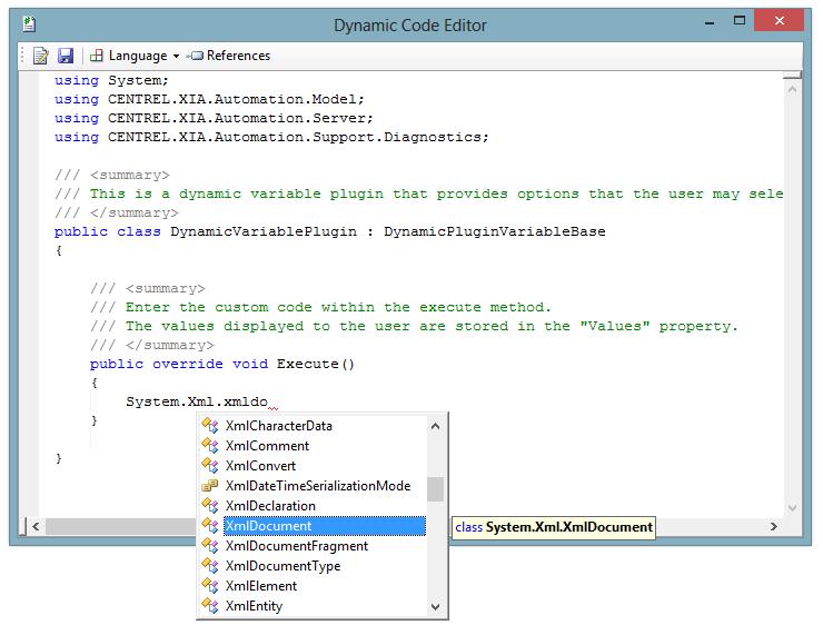 Managing References The references dialog allows additional references to be added to the compiled code. References are added one per line.