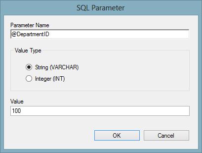 The SQL parameter dialog is shown Parameter Name The name of the SQL parameter String (VARCHAR) The parameter value will be passed as a string (VARCHAR) value type.