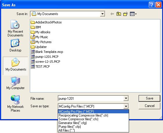 Saving Files When saving files you may select a file extension specific to the type of equipment you are configuring.