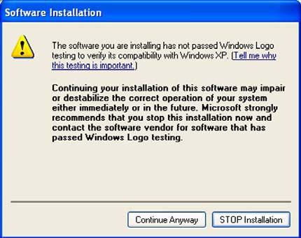 4. The following dialog box will appear to indicate Microsoft has not tested the device driver with the XP operating system.