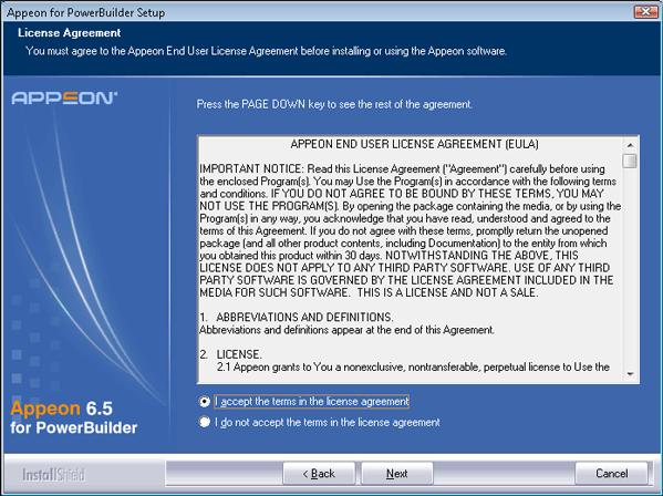 Installing Appeon 6.5 Appeon 6.5 for PowerBuilder Figure 4.3: License Agreement page Step 5: Select the component(s) you want to install and click Next.