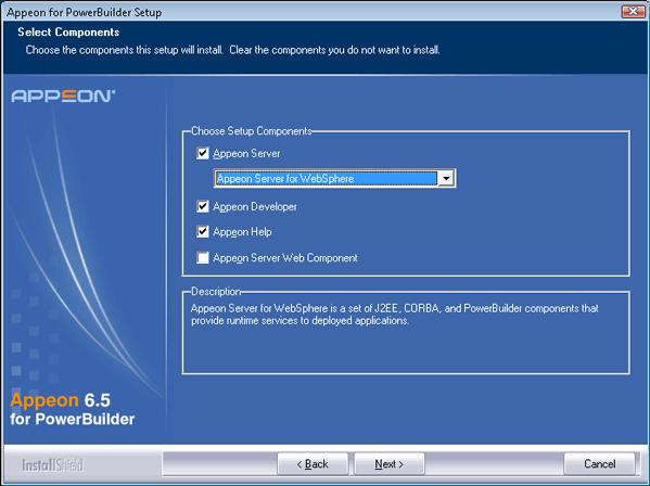 Installing Appeon 6.5 Appeon 6.5 for PowerBuilder Figure 4.4: Select components Refer to the following sections to complete the installation of each component.