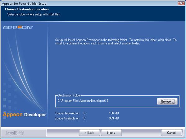 Installing Appeon 6.5 Appeon 6.5 for PowerBuilder Step 2: Click Next to install Appeon Developer to the default location, or click Browse to select another location. Figure 4.