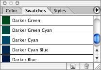 7 In the Swatches palette, scroll down to near the bottom of the list of swatch colors to find the Darker Cyan swatch, and then select it. Now the text appears in the Darker Cyan color.