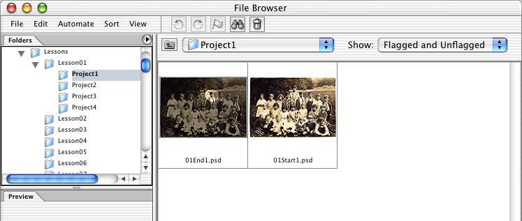 14 LESSON 1 Getting to Know the Work Area The File Browser opens, displaying a collection of palettes, menus, buttons, and panes. Note: You can also open the File Browser by choosing File > Browse.